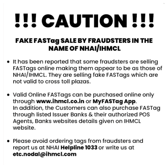 Fake FASTag Sale by Fraudsters in the Name of NHAI